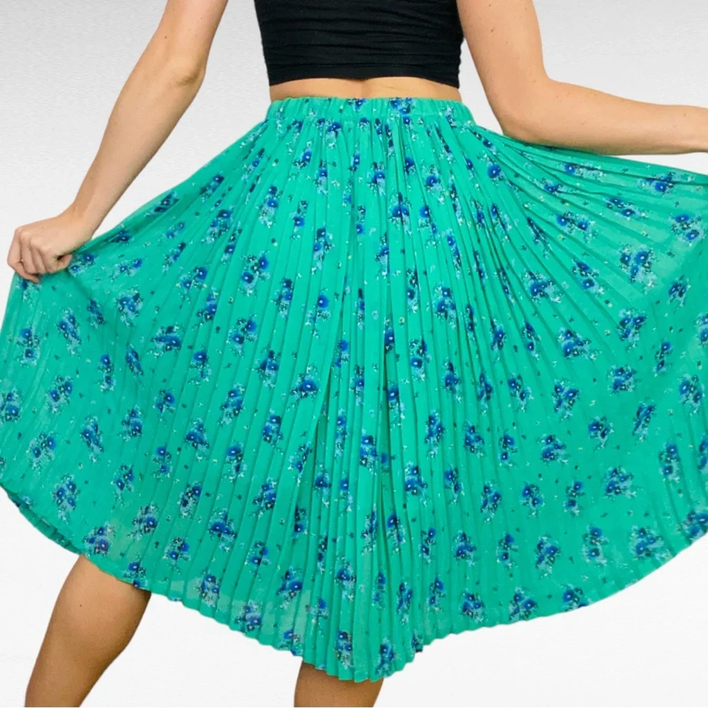 NEXT | Coastal Green Blue Floral Print Pleated High Waist A-Line Midi Skirt